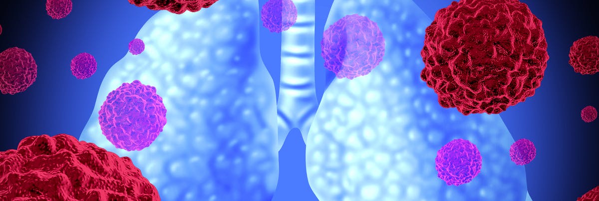 Depiction of the lungs with molecules surrounding them